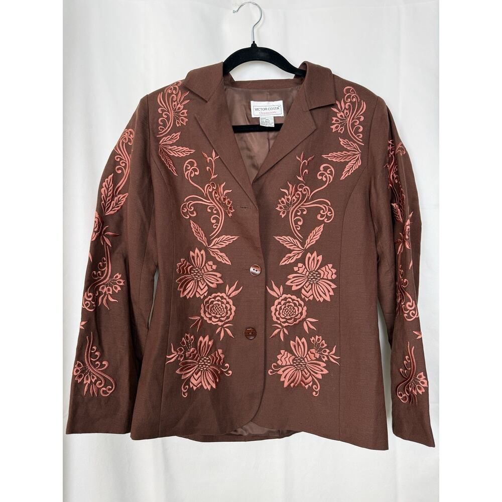 VTG Victor Costa Occasion Embroidered Floral Linen Blend Blazer Brown & Coral XS